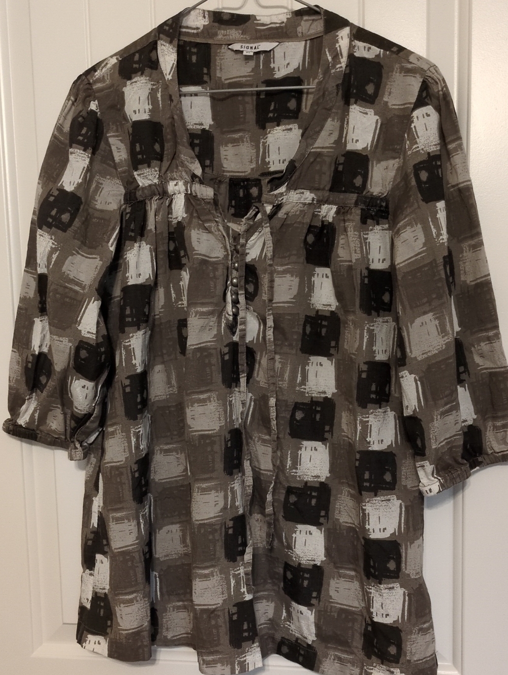 Signal Taupe & Black Printed Peasant Blouse